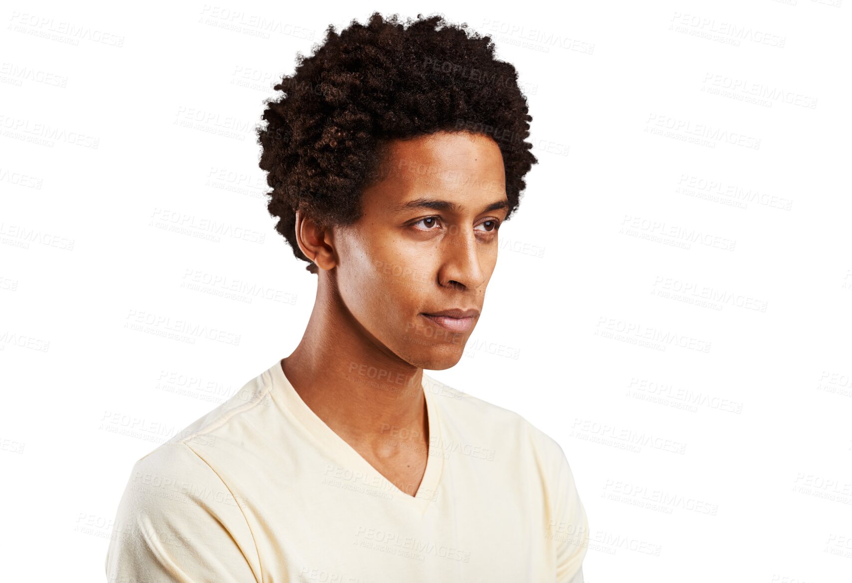 Buy stock photo Thinking, black man and calm with peace, zen and wellness isolated on transparent background. African person, guy and model with chakra, wonder and casual with meditation, png or choice with decision