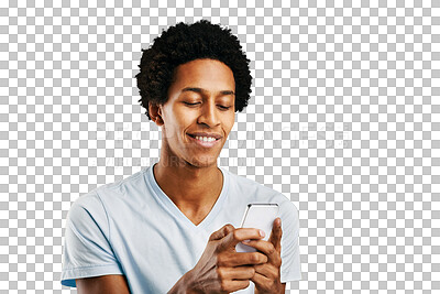 Buy stock photo Digital app, typing and black man with smartphone, connection and social media isolated on transparent background. African person, model or guy with cellphone, internet or png with network or contact