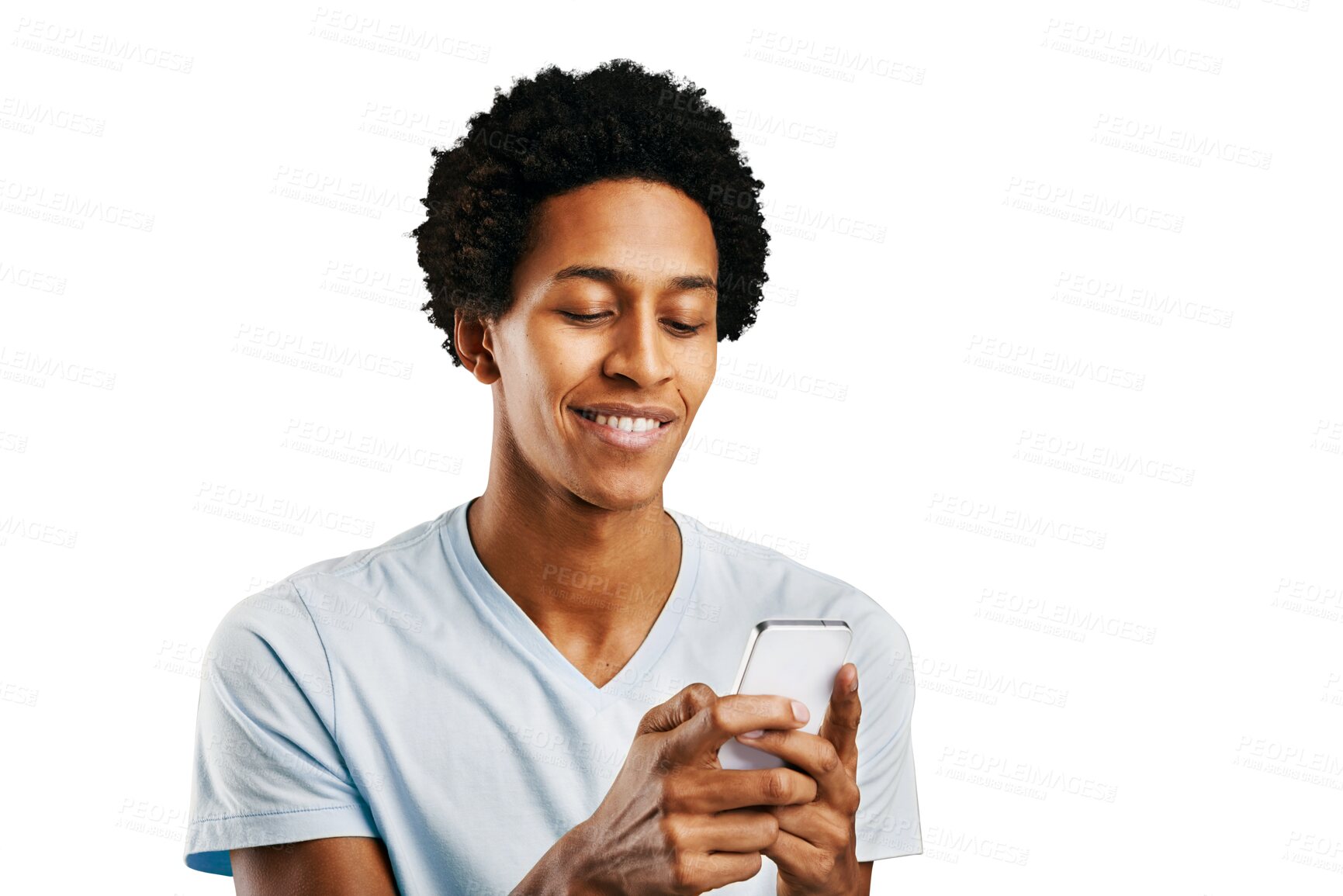 Buy stock photo Digital app, typing and black man with smartphone, connection and social media isolated on transparent background. African person, model or guy with cellphone, internet or png with network or contact