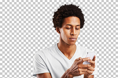 Buy stock photo Internet, typing and black man with a cellphone, connection and social media isolated on a transparent background. African person, model and guy with a smartphone, digital app and png with network