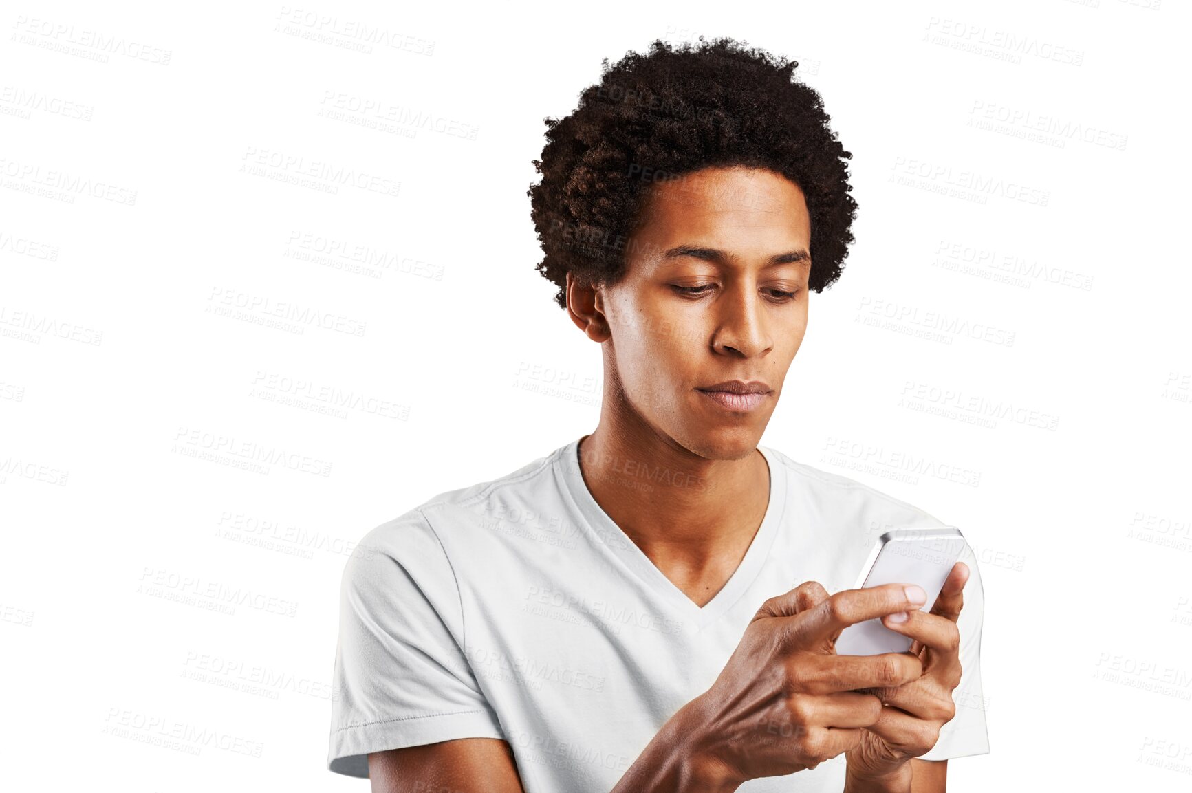 Buy stock photo Internet, typing and black man with a cellphone, connection and social media isolated on a transparent background. African person, model and guy with a smartphone, digital app and png with network