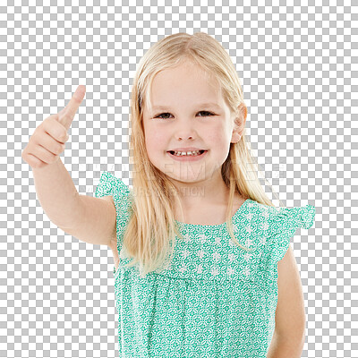 Buy stock photo Portrait, smile and girl with thumbs up, kid and agreement isolated on a transparent background. Face, person and model with happiness, hand gesture and emoji with happiness, png and symbol with like