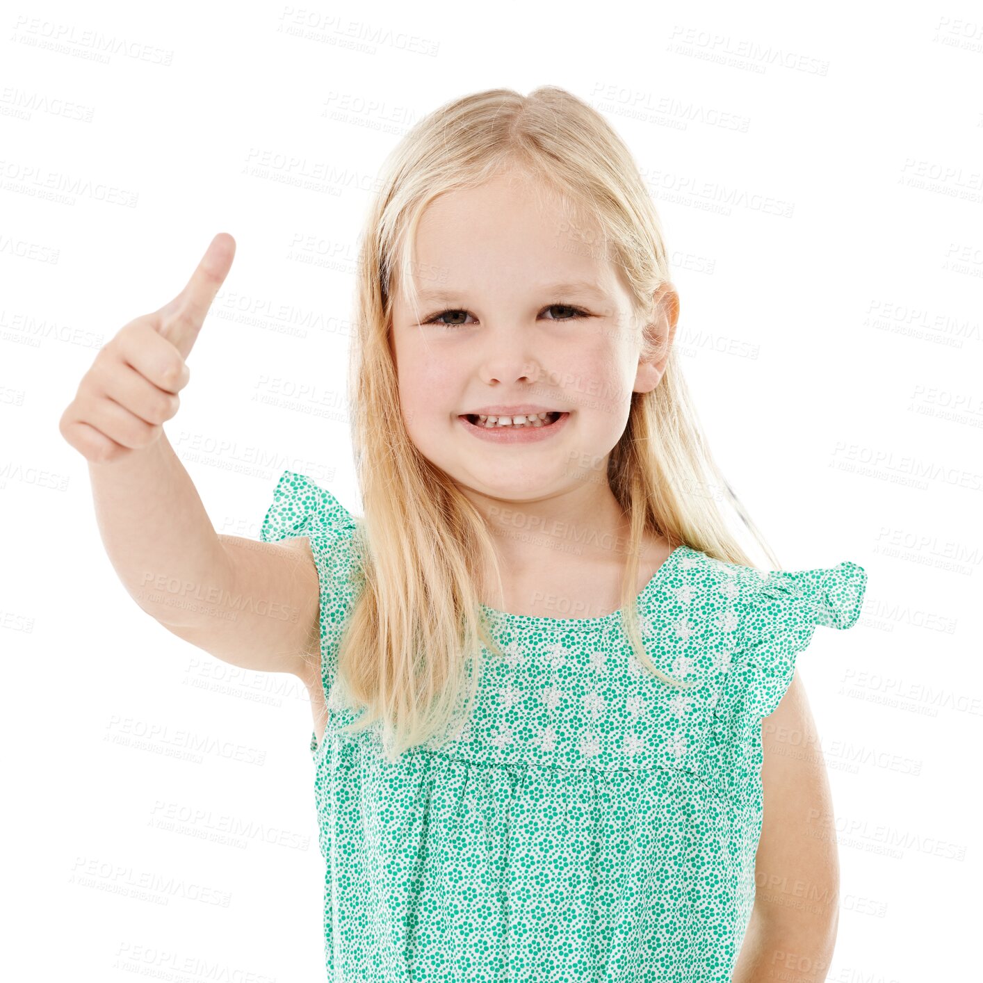 Buy stock photo Portrait, smile and girl with thumbs up, kid and agreement isolated on a transparent background. Face, person and model with happiness, hand gesture and emoji with happiness, png and symbol with like