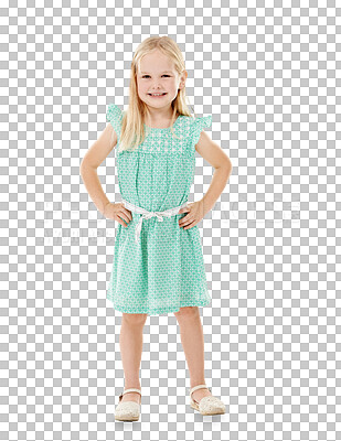 Buy stock photo Portrait, happy kid or little girl with smile for confidence in fashion, cute and trendy. Youth, child and frilly dress on isolated or transparent png background for elegant, graceful or chic style