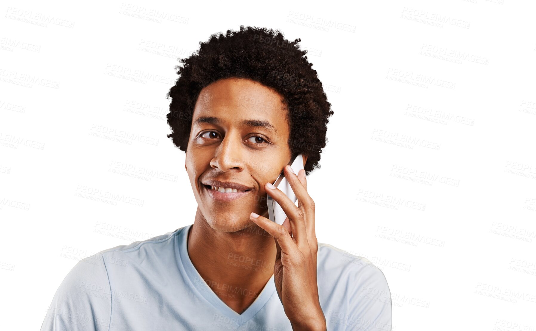 Buy stock photo Smile, phone call and black man with conversation, communication and speaking isolated on transparent background. African person, model or guy with a smartphone, happiness and network with app or png