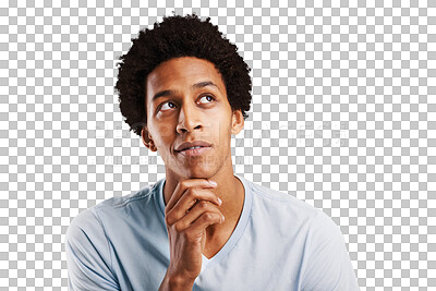 Buy stock photo Face, question and problem solving with a young black man isolated on a transparent background. Thinking, vision and idea with a confident person on PNG while looking to the future for planning