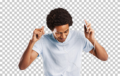 Buy stock photo Earphones, dancing and young black man with music, playlist or album for entertainment. Happy, fun and African male person listening to song on radio with phone isolated by transparent png background