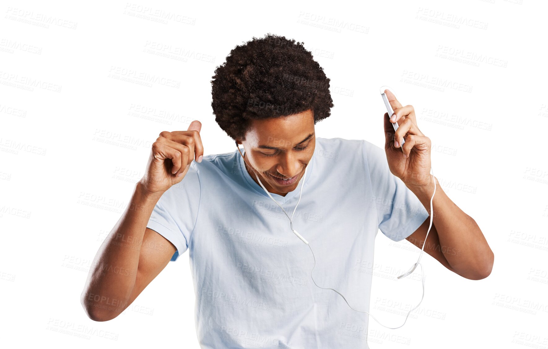 Buy stock photo Earphones, dancing and young black man with music, playlist or album for entertainment. Happy, fun and African male person listening to song on radio with phone isolated by transparent png background