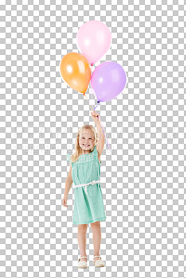 Buy stock photo Portrait, little girl and smile with balloons for party, event or celebration with excitement on face. Happy kid, youth and holding for inflatable object on isolated on transparent png background