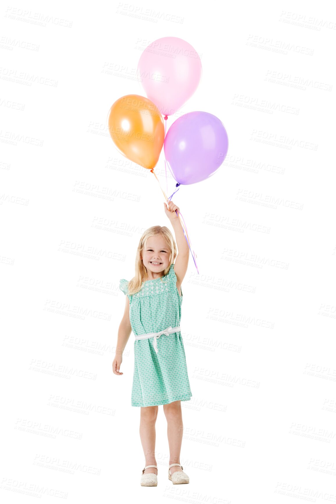 Buy stock photo Portrait, little girl and smile with balloons for party, event or celebration with excitement on face. Happy kid, youth and holding for inflatable object on isolated on transparent png background