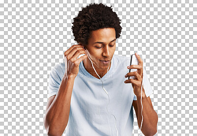 Buy stock photo Man with headphones, phone and smile, relax with online streaming radio service. Happy person listening to music with smartphone, internet and technology and isolated on transparent png background.