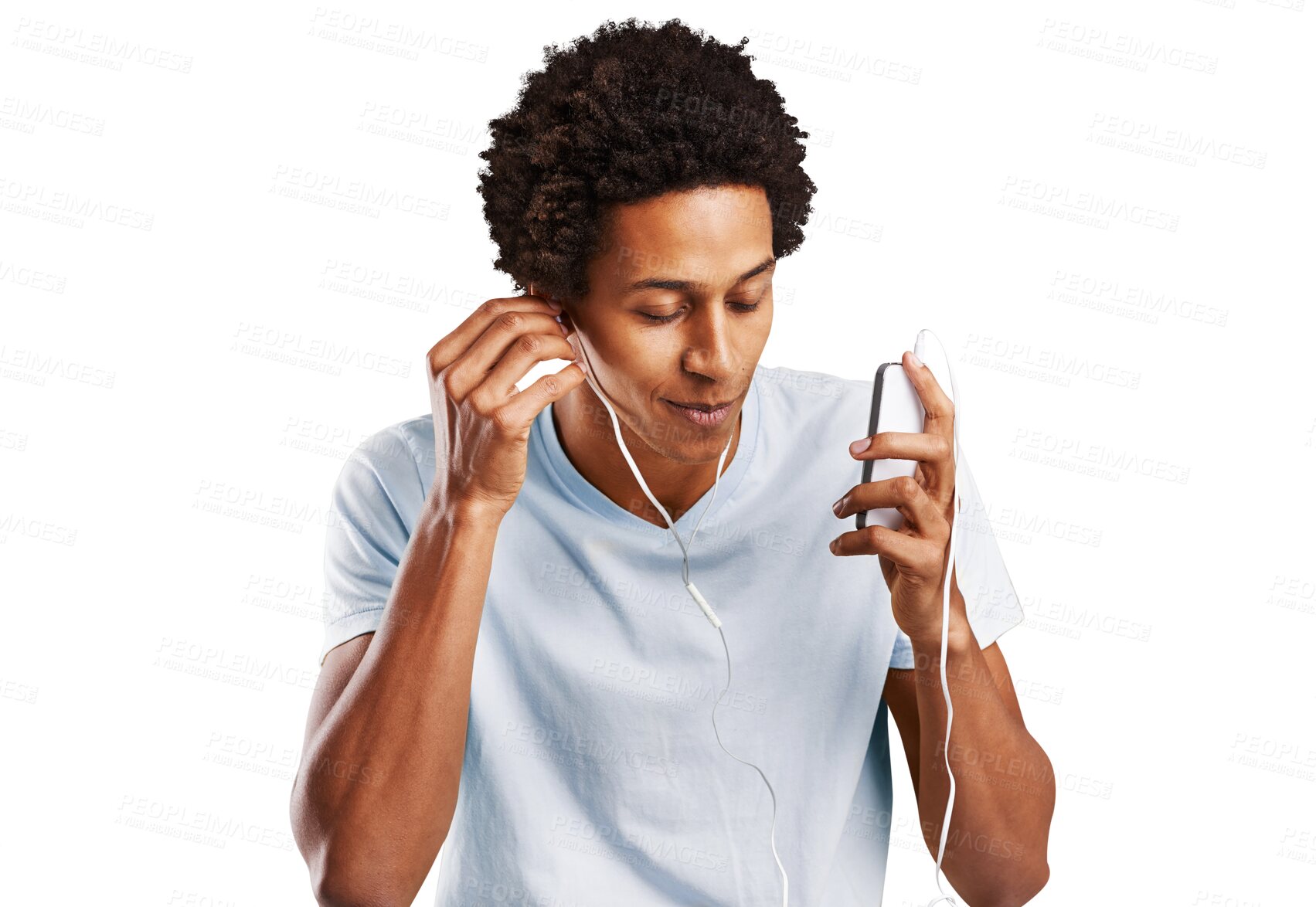 Buy stock photo Man with headphones, phone and smile, relax with online streaming radio service. Happy person listening to music with smartphone, internet and technology and isolated on transparent png background.