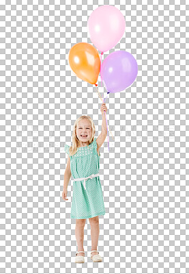 Buy stock photo Portrait, little girl and laugh with balloons for party, event or celebration with excitement on face. Kid, youth and happiness with smile for inflatable toy on isolated on transparent png background