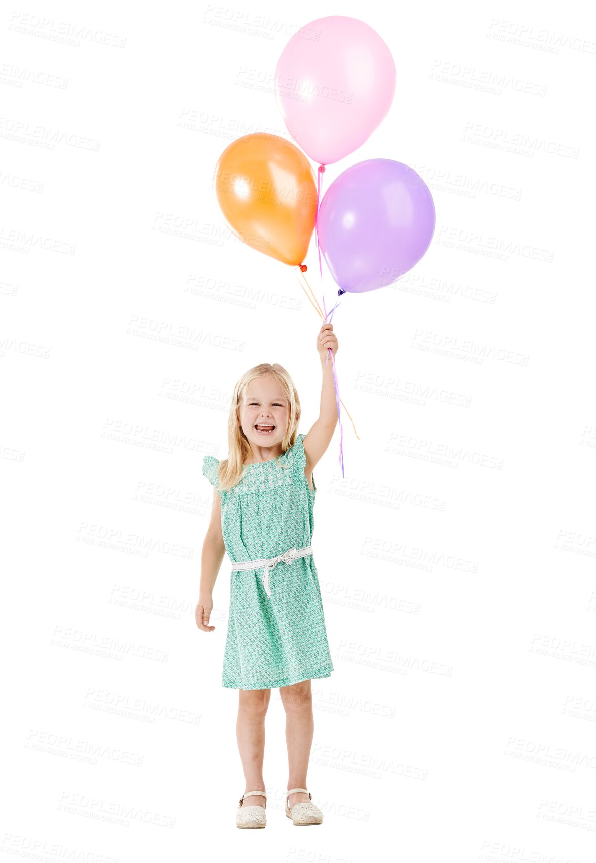 Buy stock photo Portrait, little girl and laugh with balloons for party, event or celebration with excitement on face. Kid, youth and happiness with smile for inflatable toy on isolated on transparent png background