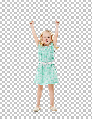 Buy stock photo Jump, smile and portrait of girl child with arms up celebration on isolated, transparent or png background. Freedom, energy and excited kid with cheering motivation, support or happy, goal or success