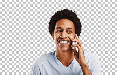 Buy stock photo Happy, phone call or black man with conversation, communication or network isolated on transparent background. African person, model or guy with smartphone, talking or smile with app, contact or png