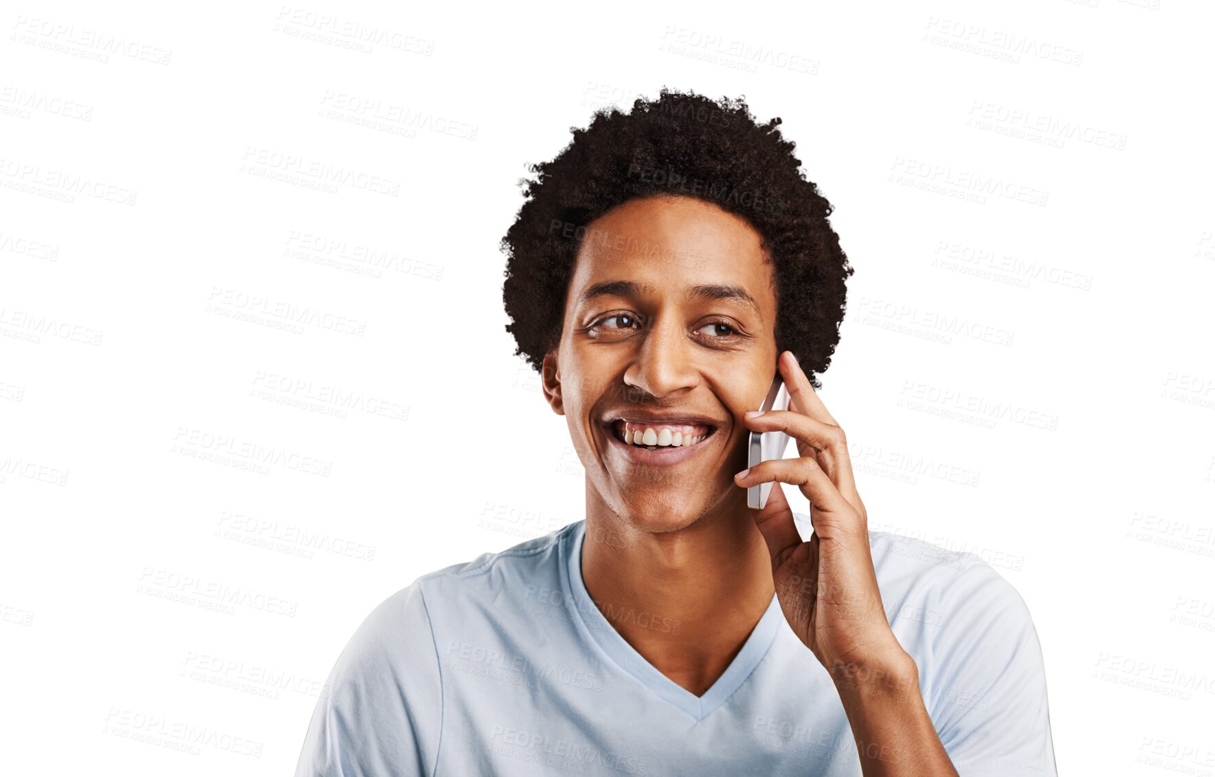 Buy stock photo Happy, phone call or black man with conversation, communication or network isolated on transparent background. African person, model or guy with smartphone, talking or smile with app, contact or png