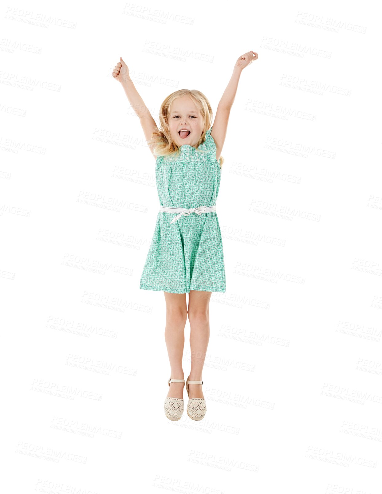 Buy stock photo Happy, jump and portrait of girl child with arms up celebration on isolated, transparent or png background. Freedom, energy and excited kid with cheering motivation, support or happy, goal or success