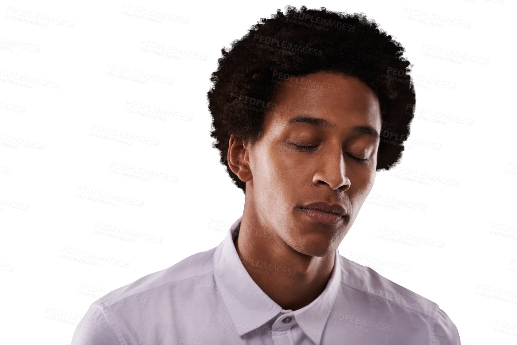 Buy stock photo Thinking, black man and closed eyes with peace, business and wellness isolated on a transparent background. African person, guy or model with chakra, wonder and employee with meditation, png and calm