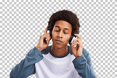 Buy stock photo Man, headphones and listening to calm music for freedom, audio subscription and streaming multimedia isolated on transparent png background. African guy hearing peaceful podcast, sound track or radio