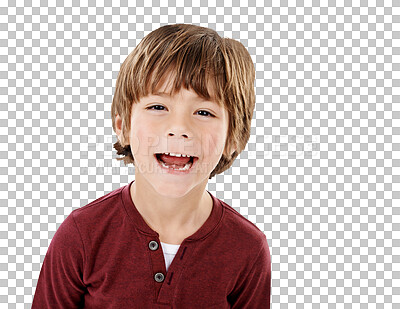 Buy stock photo Happy boy, portrait and funny face in casual fashion standing isolated on a transparent PNG background. Young little child or kid smile in clothing with facial expression in satisfaction or childhood