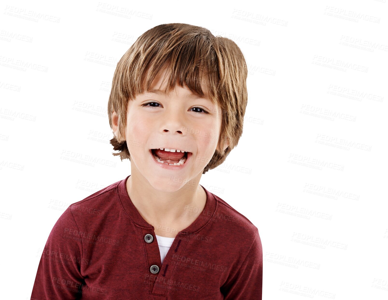 Buy stock photo Happy boy, portrait and funny face in casual fashion standing isolated on a transparent PNG background. Young little child or kid smile in clothing with facial expression in satisfaction or childhood