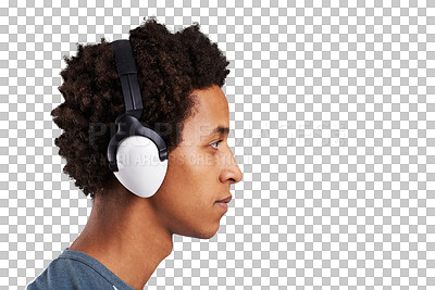 Buy stock photo Profile, man and face with headphones for music, audio subscription and streaming podcast isolated on transparent png background. African model, thinking and listening to multimedia, sound and radio