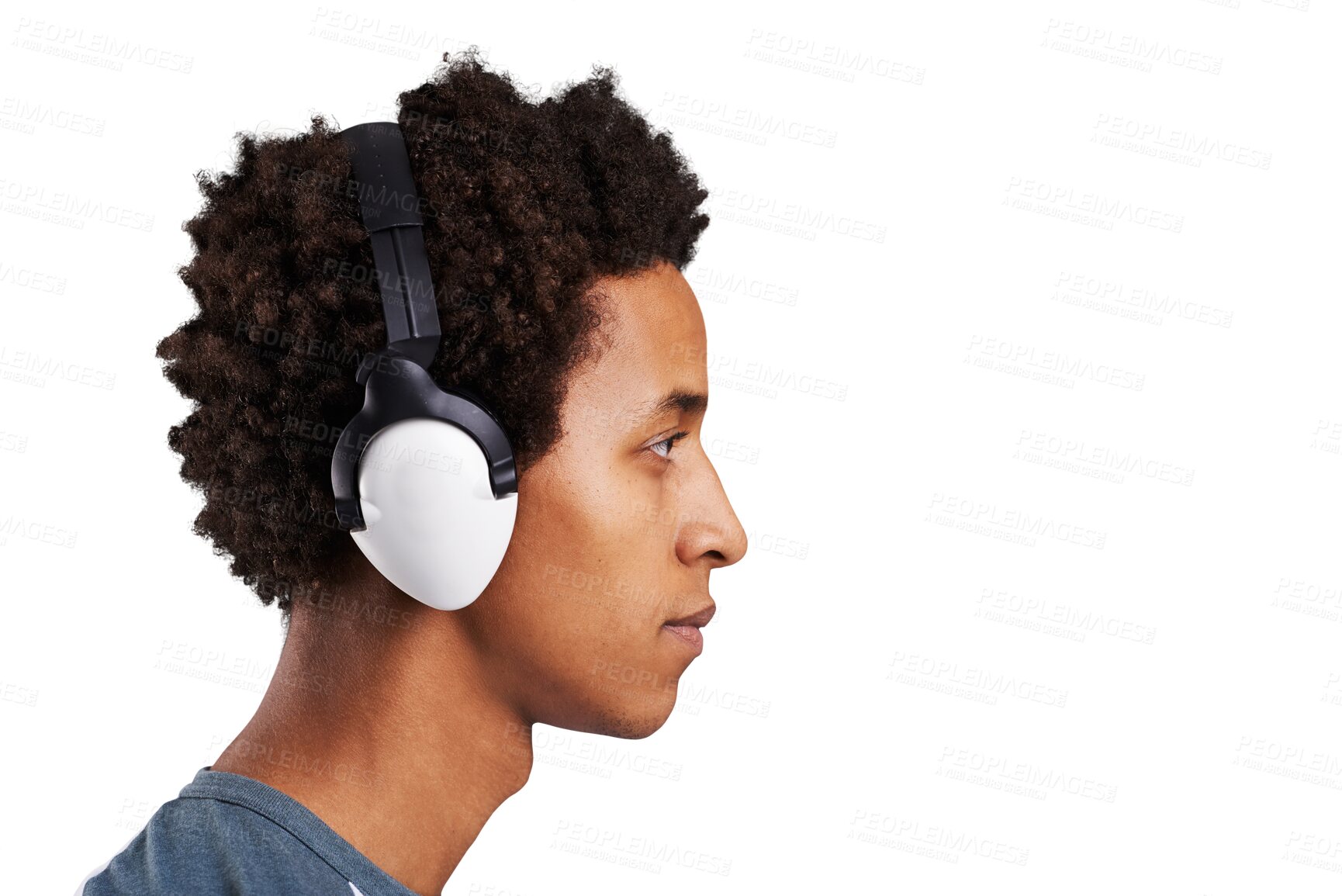 Buy stock photo Profile, man and face with headphones for music, audio subscription and streaming podcast isolated on transparent png background. African model, thinking and listening to multimedia, sound and radio