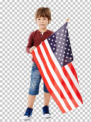 Buy stock photo Little child, holding and portrait with american flag with pride, patriotism and confident in country. Young boy, happy face and citizen on independence day and isolated on transparent png background