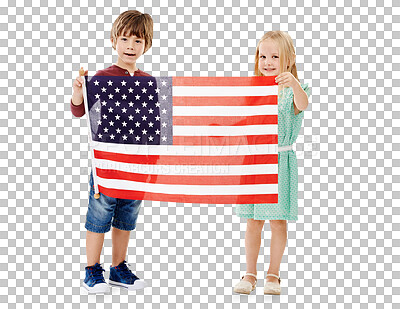 Buy stock photo Little children, holding or portrait with american flag with pride, patriotism and celebrate with star spangled banner. Young boy, girl or happy face of usa or isolated on transparent png background