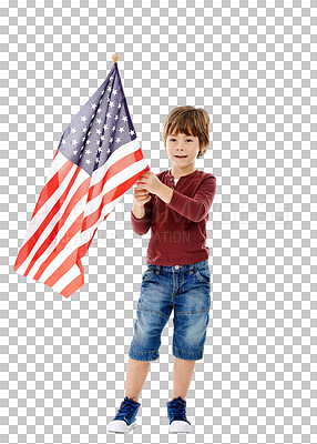 Buy stock photo Little child, holding or freedom by american flag with pride, stars or confident patriot in country. Young boy, happy youth and citizen on independence day and isolated on transparent png background