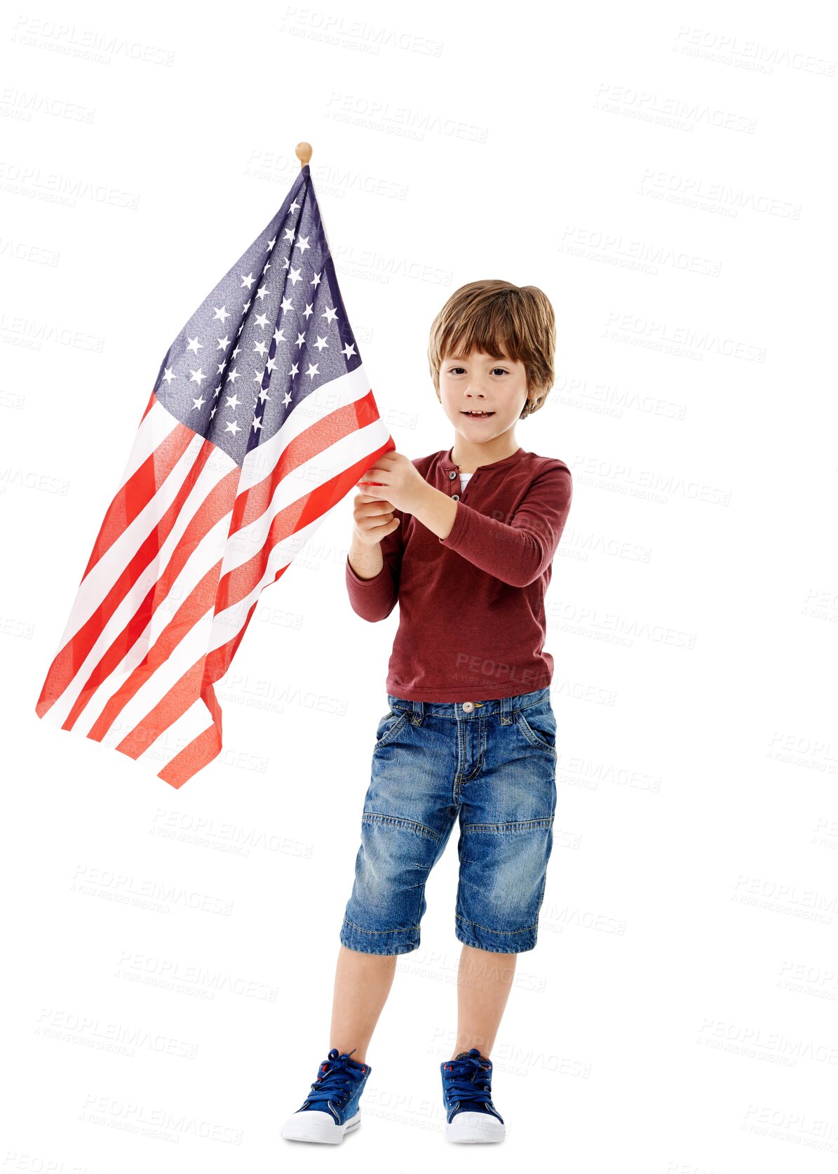 Buy stock photo Little child, holding or freedom by american flag with pride, stars or confident patriot in country. Young boy, happy youth and citizen on independence day and isolated on transparent png background