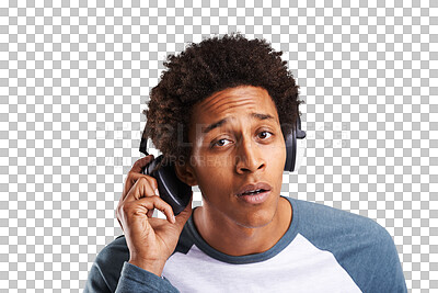 Buy stock photo Portrait, music and man take off headphones, listen and hearing what person asked or question isolated on transparent png background. Audio, radio and serious African person streaming sound or song