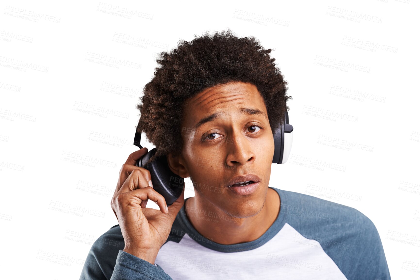 Buy stock photo Portrait, music and man take off headphones, listen and hearing what person asked or question isolated on transparent png background. Audio, radio and serious African person streaming sound or song