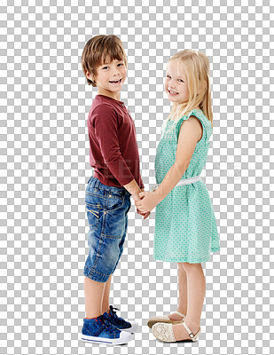 Buy stock photo Smile, holding hands and portrait of girl and boy with positive, good and confident attitude. Sweet, happy and cute children or kids from Canada with friendship isolated by transparent png background