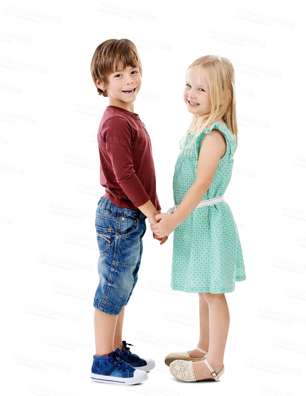 Buy stock photo Smile, holding hands and portrait of girl and boy with positive, good and confident attitude. Sweet, happy and cute children or kids from Canada with friendship isolated by transparent png background