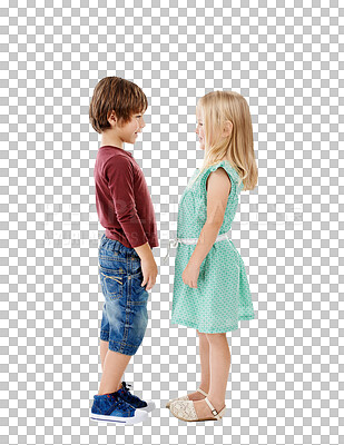 Buy stock photo Smile, sweet and portrait of girl and boy with positive, good and confident attitude. Excited, happy and cute children or kids from Canada with friendship isolated by transparent png background