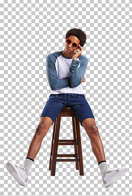 Buy stock photo Stool, portrait and black man with fashion, sunglasses and confident guy isolated on a transparent background. African person, chair and model with funky eyewear, casual outfit and png with aesthetic