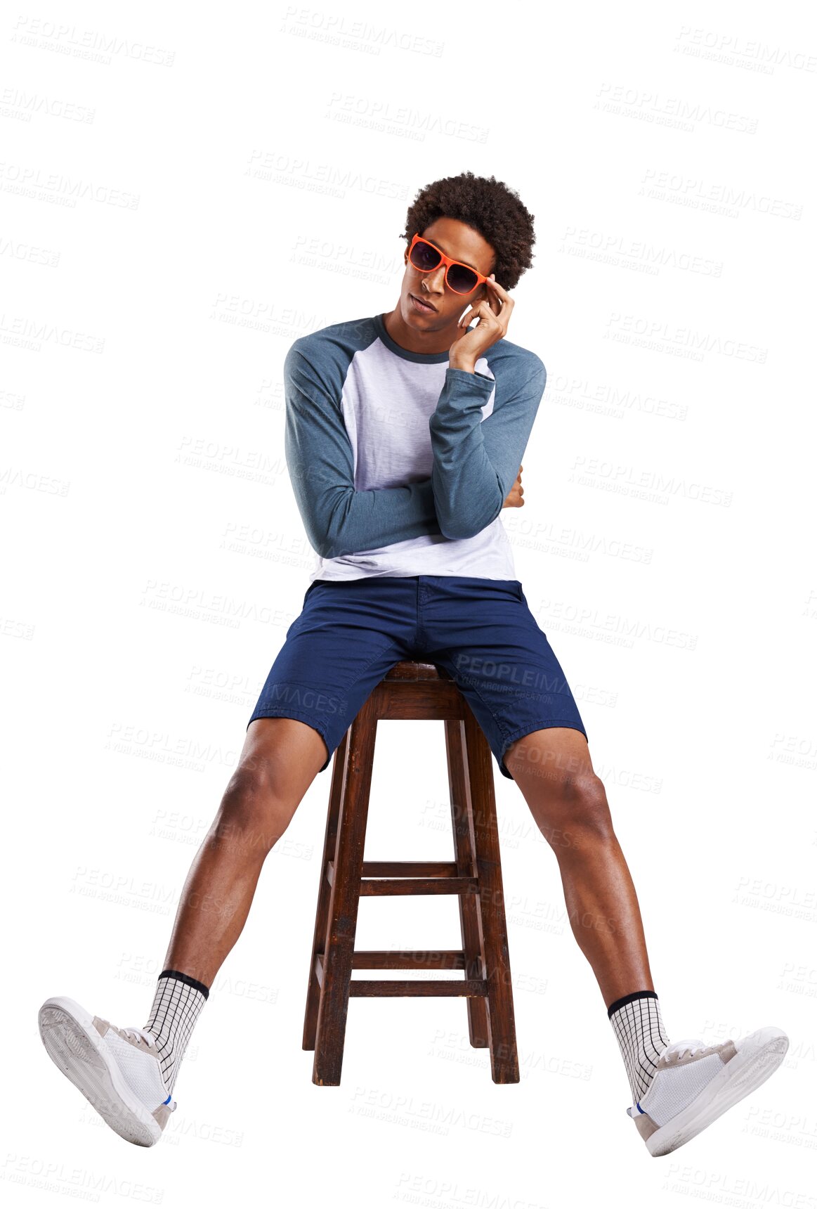 Buy stock photo Stool, portrait and black man with fashion, sunglasses and confident guy isolated on a transparent background. African person, chair and model with funky eyewear, casual outfit and png with aesthetic