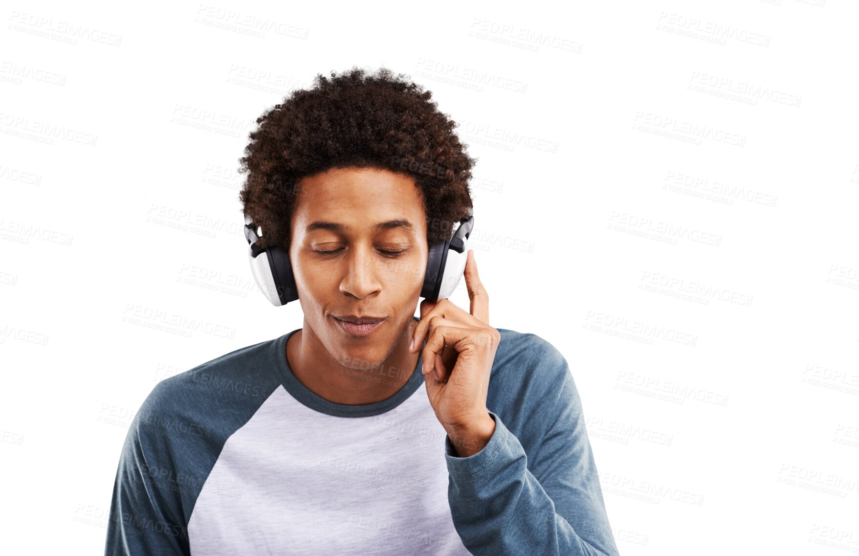 Buy stock photo Happy, man and headphones for calm music, audio subscription or streaming multimedia playlist isolated on transparent png background. African guy listening to peaceful podcast, hearing sound or radio