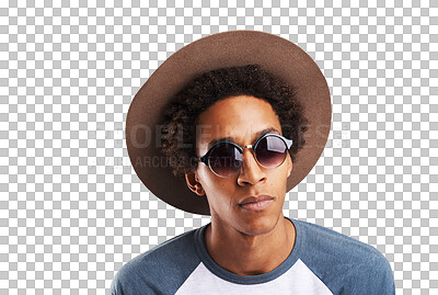 Buy stock photo Sunglasses, fashion and face of black man with hat on isolated, png and transparent background. Attractive, accessories and person in trendy clothes, casual outfit and style with confidence and pride