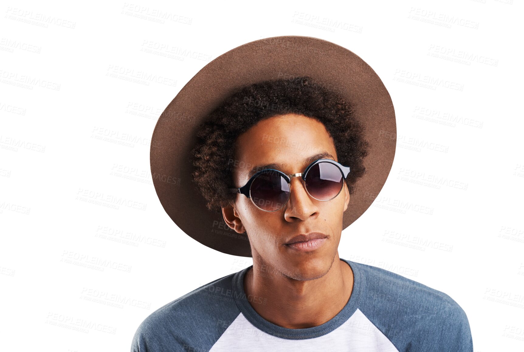 Buy stock photo Sunglasses, fashion and face of black man with hat on isolated, png and transparent background. Attractive, accessories and person in trendy clothes, casual outfit and style with confidence and pride