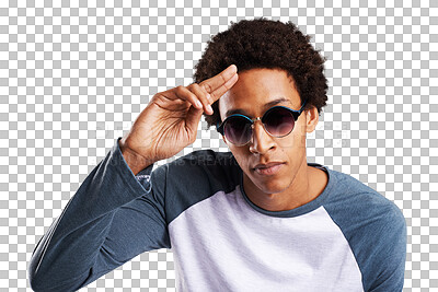 Buy stock photo Portrait, salute and sunglasses with a young black man isolated on transparent background for style. Face, confident or fashion and a serious model on PNG to wear a trendy clothes outfit with shades