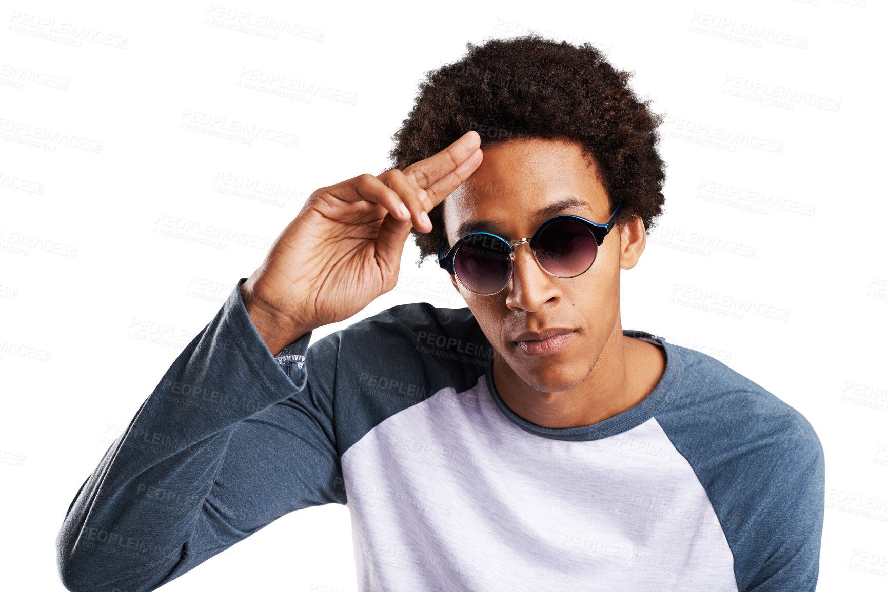 Buy stock photo Portrait, salute and sunglasses with a young black man isolated on transparent background for style. Face, confident or fashion and a serious model on PNG to wear a trendy clothes outfit with shades