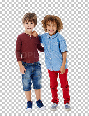 Buy stock photo Isolated boy children, portrait and friends for smile, play or diversity by transparent png background. School kids, kindergarten and together for hug, learning and solidarity for social development