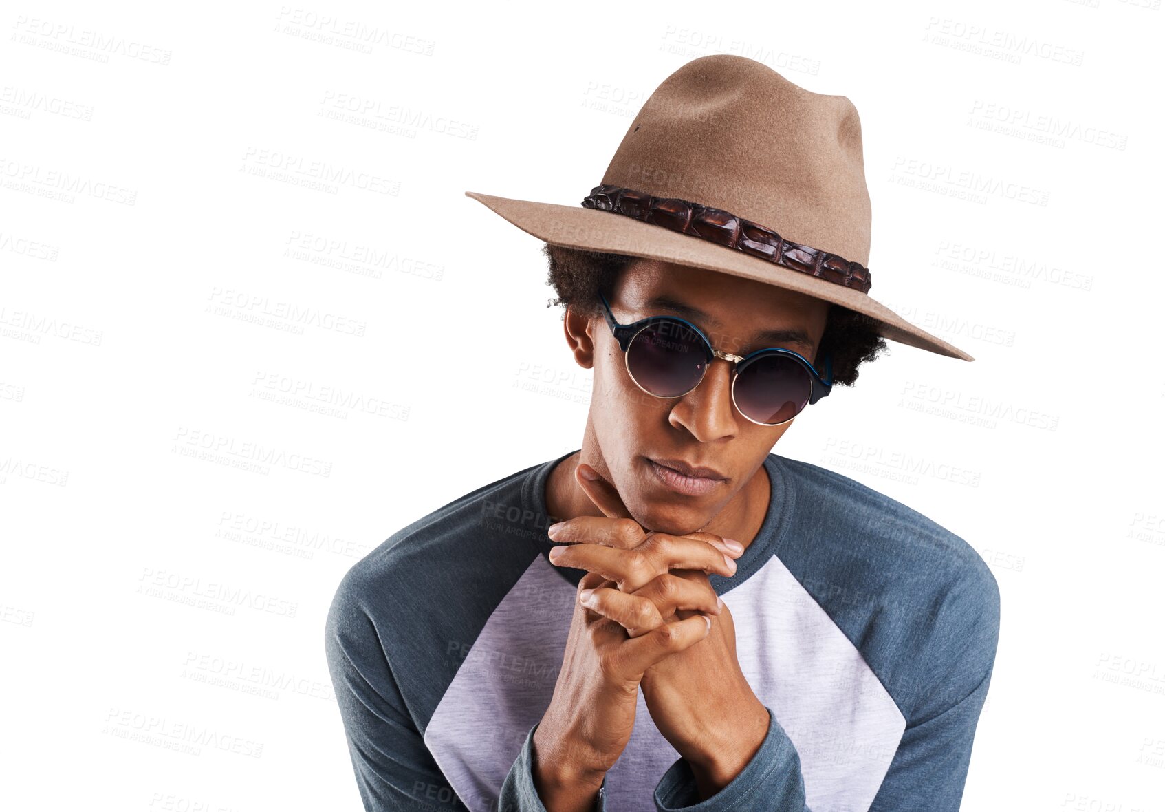 Buy stock photo Sunglasses, fashion and portrait of black man with hat on isolated, png and transparent background. Attractive, accessories and person in trendy clothes, casual outfit or summer style with confidence