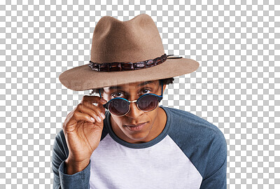 Buy stock photo Hat, portrait and black man with sunglasses, fashion and confident guy isolated on transparent background. Face, African person or model with stylish clothes, trendy outfit and funky eyewear with png