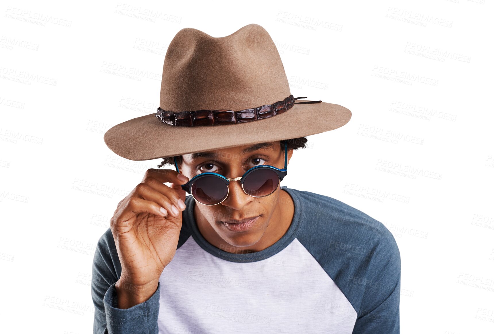 Buy stock photo Hat, portrait and black man with sunglasses, fashion and confident guy isolated on transparent background. Face, African person or model with stylish clothes, trendy outfit and funky eyewear with png