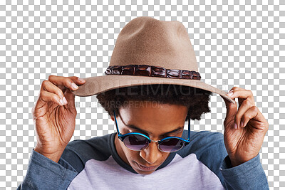 Buy stock photo Fashion hat, sunglasses and face of man with casual clothes, trendy accessories and summer outfit. Fashionable, apparel wear and model glasses, style and cap isolated on transparent, png background