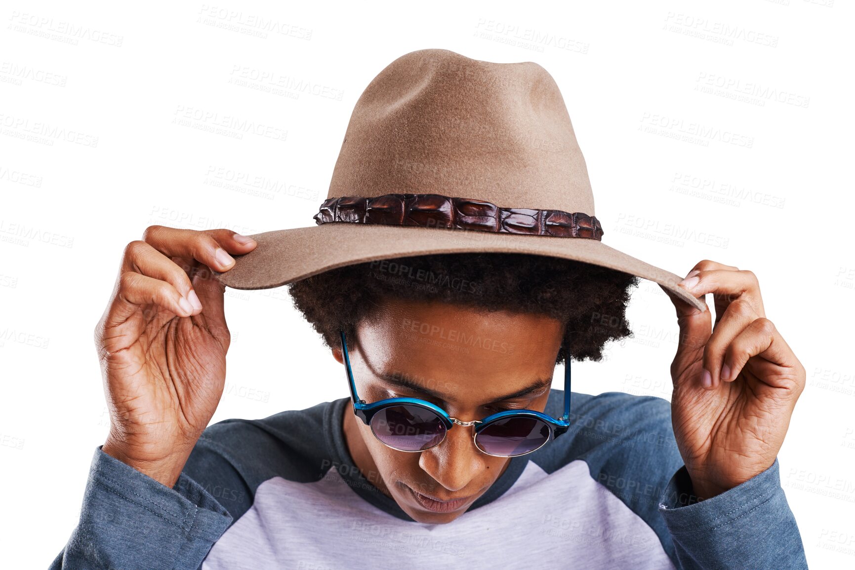 Buy stock photo Fashion hat, sunglasses and face of man with casual clothes, trendy accessories and summer outfit. Fashionable, apparel wear and model glasses, style and cap isolated on transparent, png background